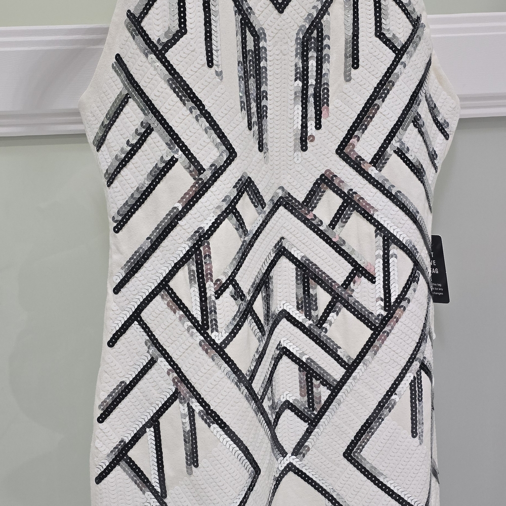 Express White Dress with Black and Silver Sequins. Perfect For Holiday Seasons!